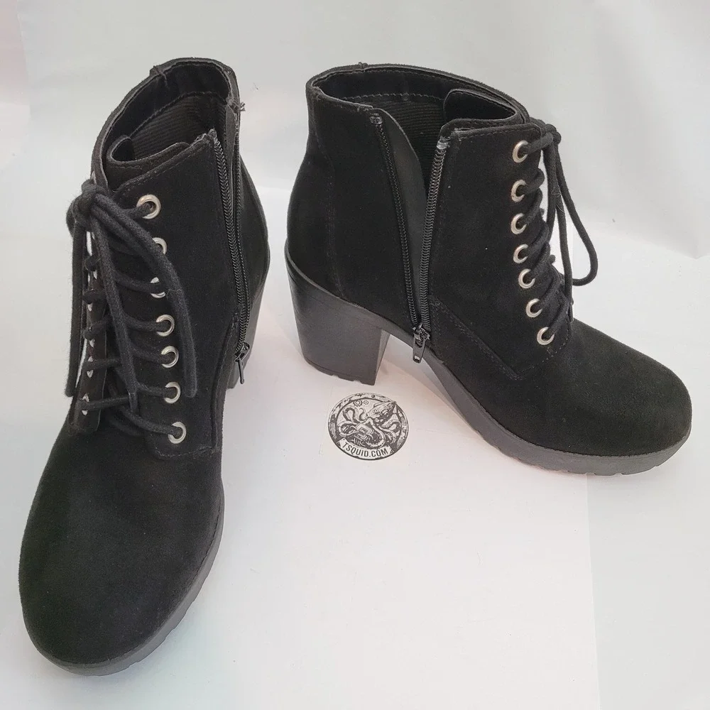 Platform Ankle Boots Womens Black Suede Lace Up Lug Sole Block Heel